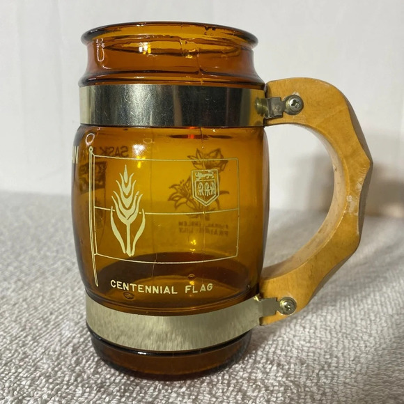 Vintage Siesta Ware Western Brown Glass Mug  With Wooden Handle Saskatchewan - Picture 4 of 8